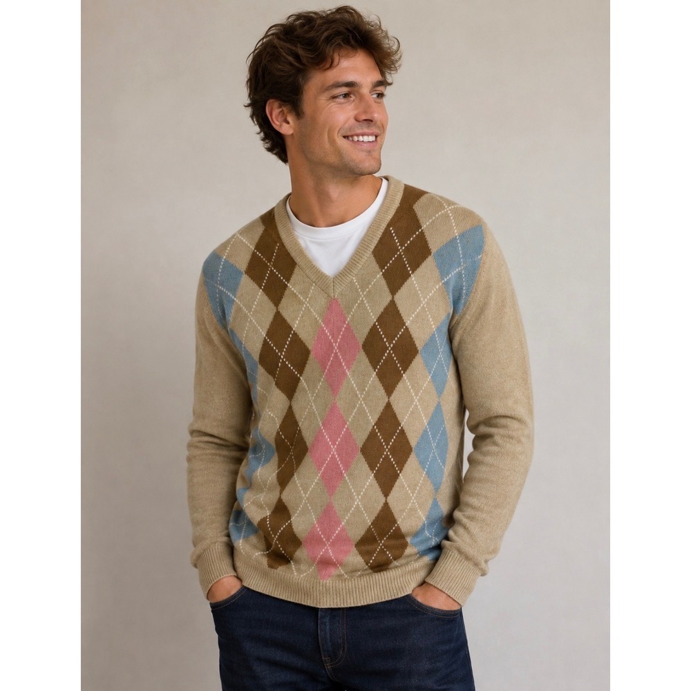 Christian Dior Monsieur Mens Tan Argyle Silk Blend V-Neck Sweater Large Vintage